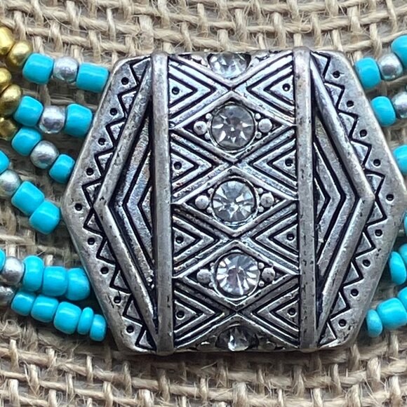 Bohemian Multi-Strand Necklace 19 In Tribal Rhinestone Turquoise Beaded Chain - Picture 2 of 8